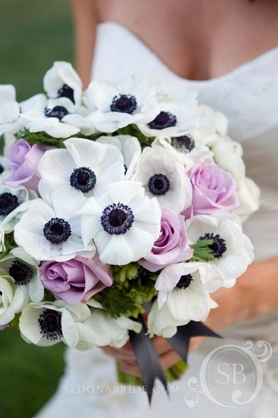 Spring bouquet of white, lavender and black, Image by SedonaBride.com