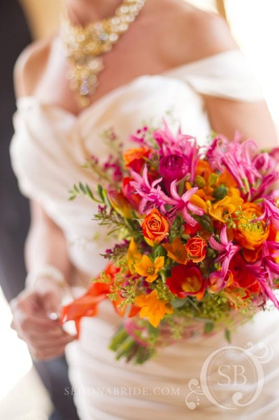 Spring bouquet of fuchsia, pink, tangerine and apple green, Image by Sedonabride.com